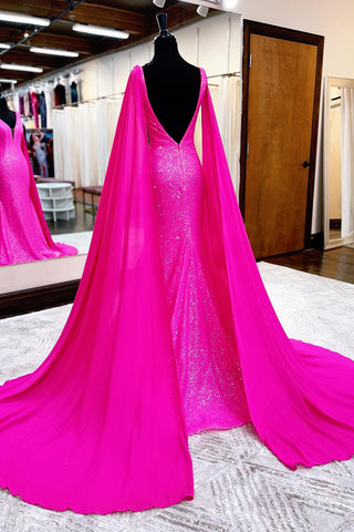 Sparkly Hot Pink Sequins V-neck Mermaid Long Prom Dress With Cape
