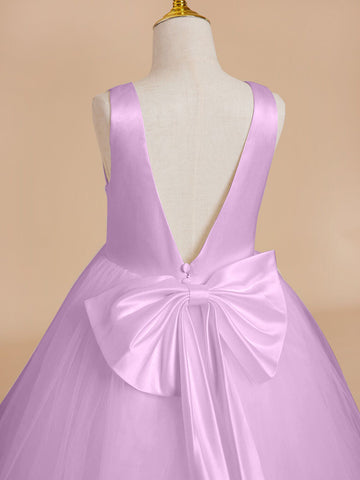 Classic White A-line Sleeveless Satin and Tulle Flower Girl Dress