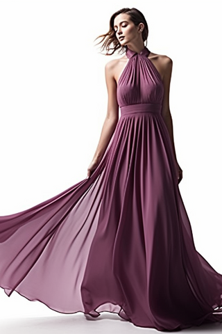 Sleeveless Halter Chiffon Long Prom Dress with Elegant Pleats