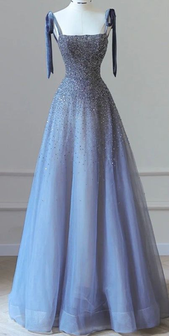 Robe de bal bleue scintillante en tulle à fines bretelles et perles, coupe trapèze, Y7628