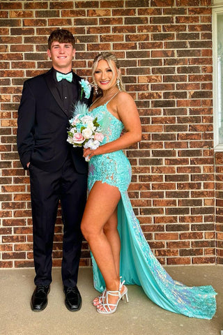 Sequins Spaghetti Straps Appliques Prom Dress with Slit