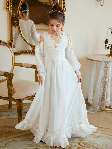 A-line Chiffon Floor-length Ivory First Communion Dress