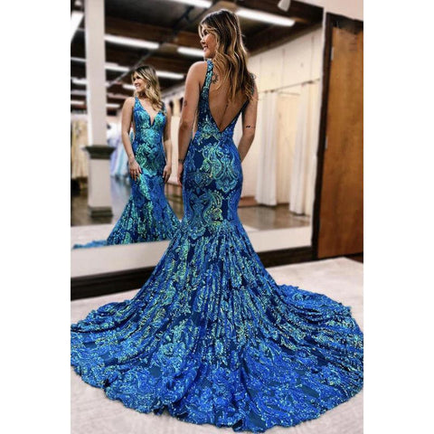 Vestido de fiesta de graduación con escote en V, lentejuelas y espalda descubierta, lujoso, con volantes y corte trompeta/sirena