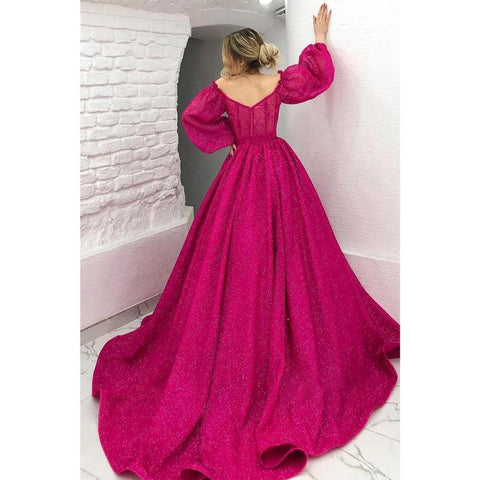 Robe de bal scintillante unique à épaules dénudées et manches mi-longues 