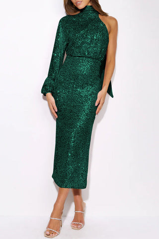 Elegante vestido de noche formal liso con lentejuelas y abertura halter 