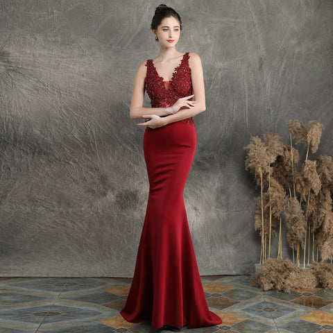 Handmade Applique Beaded Toast Clothing Bride Long Appreciation Dinner Slim-Fit Fishtail Wedding Evening Dress Formal Gown