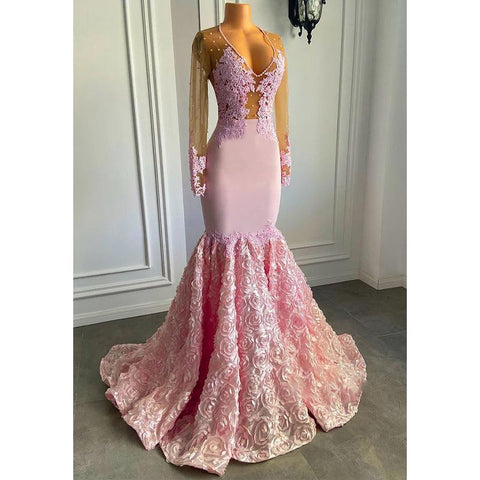 Vestido de fiesta africano de sirena con escote en V, apliques de encaje y mangas largas 