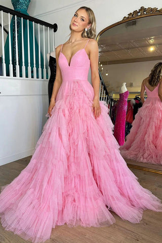 A Line Spaghetti Straps Pink Long Prom Dress with Ruffles
