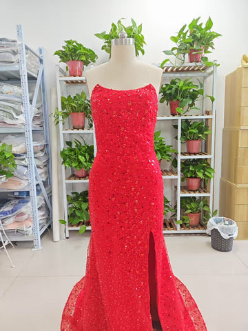 Alcyone | Mermaid Scoop Neck Red Sequins Prom Dresses with Slit F1065