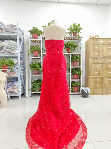 Alcyone | Mermaid Scoop Neck Red Sequins Prom Dresses with Slit F1065