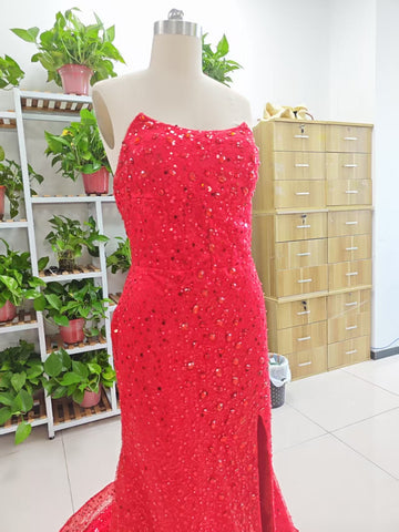 Alcyone | Mermaid Scoop Neck Red Sequins Prom Dresses with Slit F1065