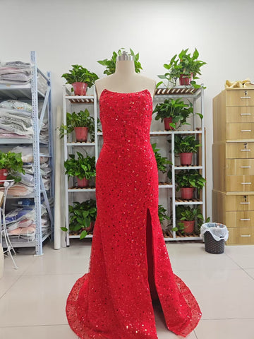 Alcyone | Mermaid Scoop Neck Red Sequins Prom Dresses with Slit F1065