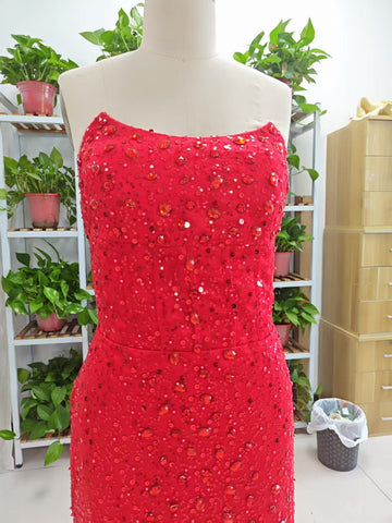 Alcyone | Mermaid Scoop Neck Red Sequins Prom Dresses with Slit F1065
