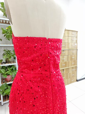 Alcyone | Mermaid Scoop Neck Red Sequins Prom Dresses with Slit F1065