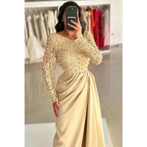 Robe de bal asymétrique à perles champagne et robes de soirée fendues 