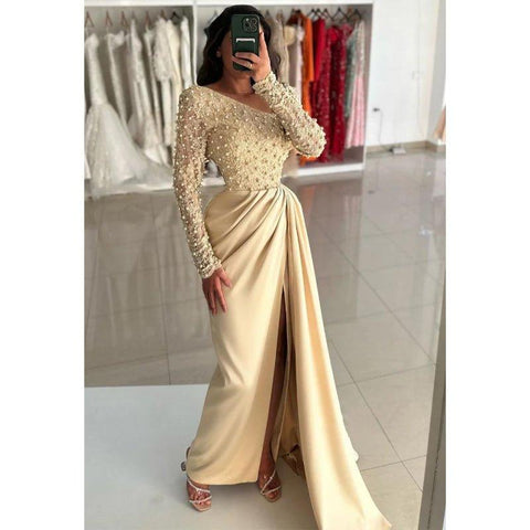 Robe de bal asymétrique à perles champagne et robes de soirée fendues 