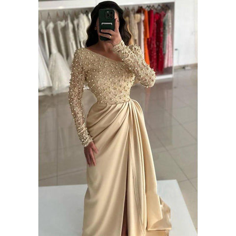 Robe de bal asymétrique à perles champagne et robes de soirée fendues 