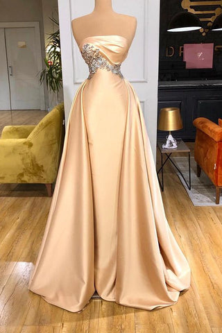 Robe de bal longue champagne avec surjupe et cristaux, sans bretelles