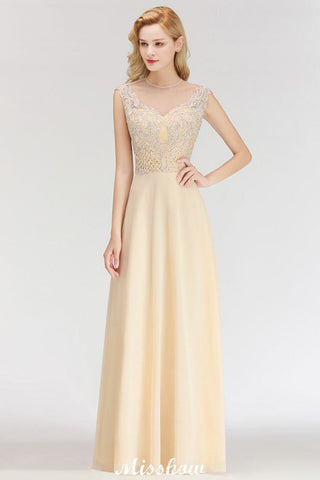 Champagne Sleeveless A-Line Crystal Jewel Bridesmaid Dresses Floor Length Party Dress