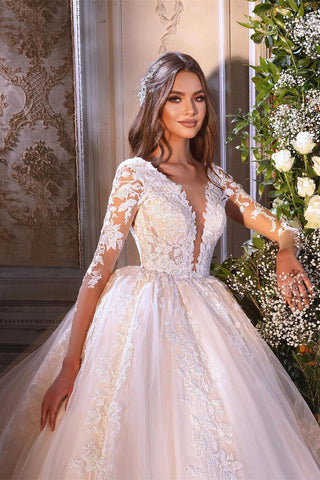 Charming A-line Long Sleeves V-neck Lace Wedding Dress With Train