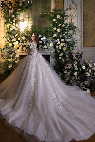 Charming A-line Long Sleeves V-neck Lace Wedding Dress With Train