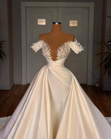 Charming A-Line Off-the-shoulder Cathedral V-neck Long Wedding Dress