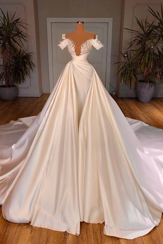 Charming A-Line Off-the-shoulder Cathedral V-neck Long Wedding Dress