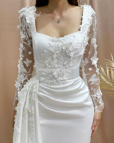 Charming Column Off-the-shoulder Long Sleeve Appliques Satin Lace Wedding Dresses