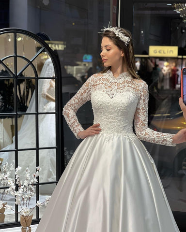 Charming Floor Length Crew Long Sleeves A-Line Satin Wedding Dress with Ruffles