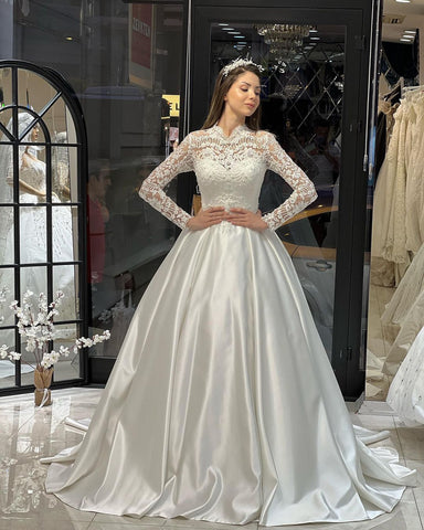 Charming Floor Length Crew Long Sleeves A-Line Satin Wedding Dress with Ruffles