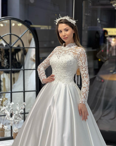 Charming Floor Length Crew Long Sleeves A-Line Satin Wedding Dress with Ruffles