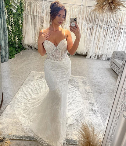 Charming Floor Length Sweetheart Sleeveless Spaghetti Straps Mermaid Wedding Dress with Chapel Train