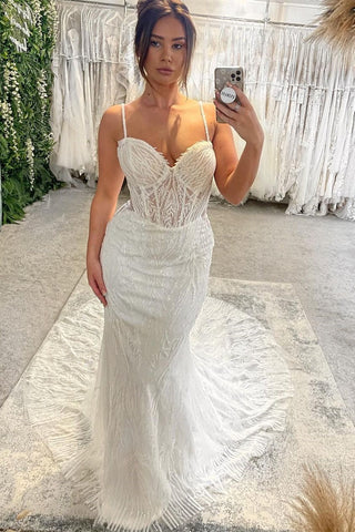 Charming Floor Length Sweetheart Sleeveless Spaghetti Straps Mermaid Wedding Dress with Chapel Train