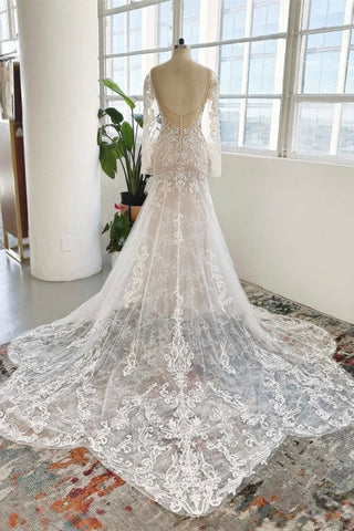 Charming Jewel Long Sleeves Chapel Mermaid Wedding Dress