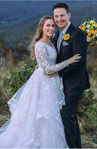 Charming Long Sleeves V-Neck Garden Lace A-Line Wedding Dress