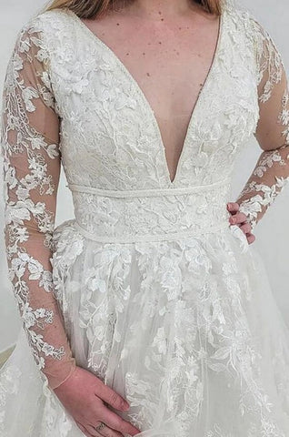 Charming Long Sleeves V-Neck Garden Lace A-Line Wedding Dress