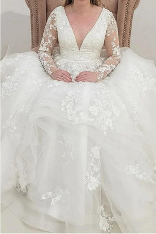 Charming Long Sleeves V-Neck Garden Lace A-Line Wedding Dress