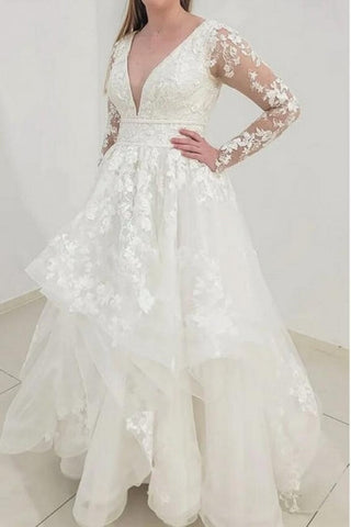 Charming Long Sleeves V-Neck Garden Lace A-Line Wedding Dress