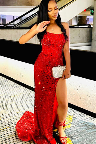 Alcyone | Mermaid Scoop Neck Red Sequins Prom Dresses with Slit F1065