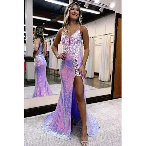 Encantador vestido de fiesta largo con escote en V y lentejuelas color lavanda y apliques de sirena
