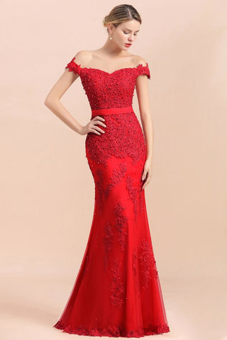 Charming Off-the-Shoulder Lace Appliques Red Mermaid Bridemaid Dres Slim Evening Gown