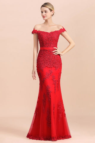 Charming Off-the-Shoulder Lace Appliques Red Mermaid Bridemaid Dres Slim Evening Gown