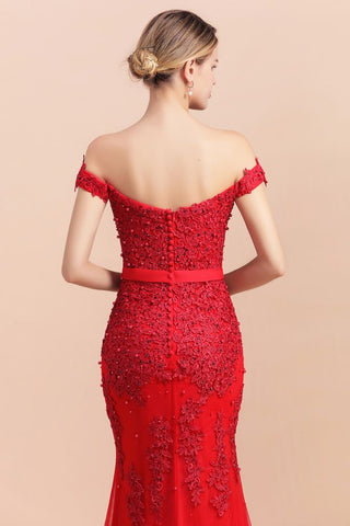 Charming Off-the-Shoulder Lace Appliques Red Mermaid Bridemaid Dres Slim Evening Gown