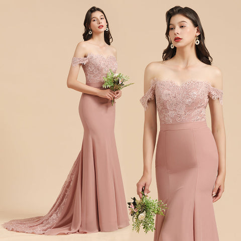 Charming Off the Shoulder Lace Mermaid Party Gown Slim Bridesmaid Dress