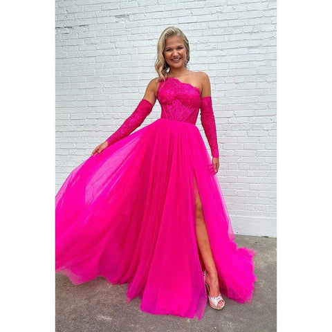 Encantador vestido de fiesta formal de tul sin mangas, largo, de corte A, con un solo hombro