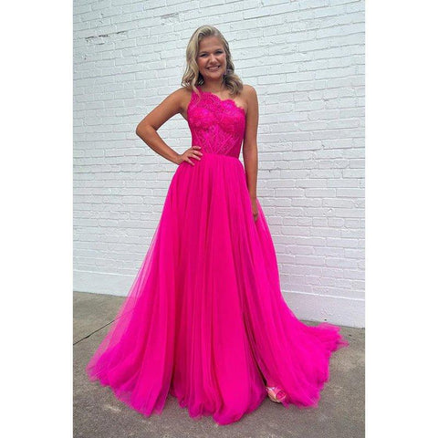 Encantador vestido de fiesta formal de tul sin mangas, largo, de corte A, con un solo hombro