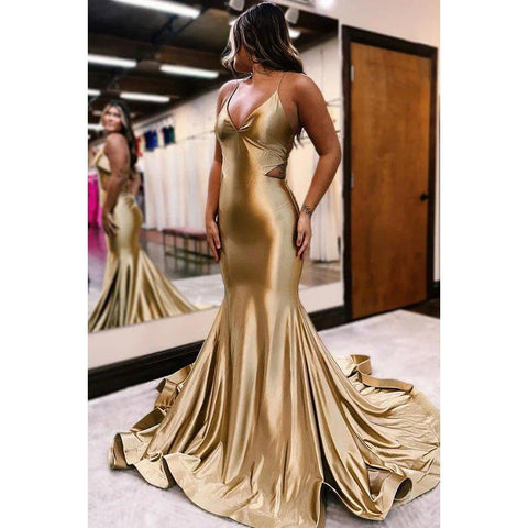 Vestido de fiesta de sirena con escote en V, tirantes finos y espalda descubierta