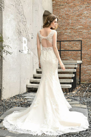 Charming V-Neck Floral Lace Mermaid Bridal Gown Sleeveless Sain Dress For Bride