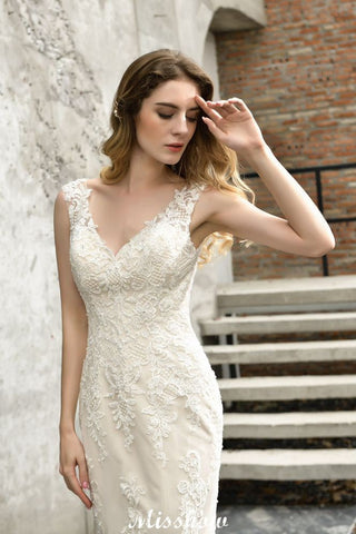 Charming V-Neck Floral Lace Mermaid Bridal Gown Sleeveless Sain Dress For Bride