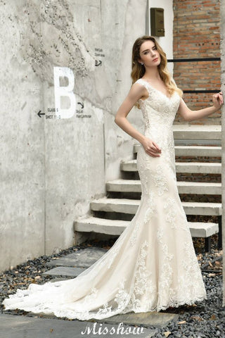 Charming V-Neck Floral Lace Mermaid Bridal Gown Sleeveless Sain Dress For Bride